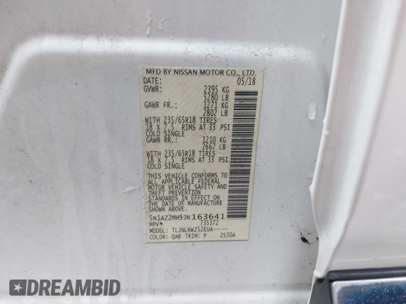 2018 Nissan Murano Platinum with VIN 5N1AZ2MH9JN163641, listed as a IAAI auction lot 41922735 with 70,884 mi miles and . Bid and sale history available at DreamBid. Image 9.