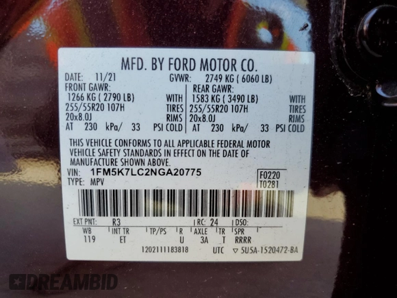 2022 Ford Explorer King Ranch with VIN 1FM5K7LC2NGA20775, listed as a Copart auction lot 44590075 with 58,560 mi miles and Salvage Title. Bid and sale history available at carsss.com. Image 14.