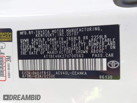 2007 Toyota Camry CE with VIN 4T1BE46K27U700563, listed as a IAAI auction lot 42080006 with 203,027 mi miles. Bid and sale history available at carsss.com. Image 9.