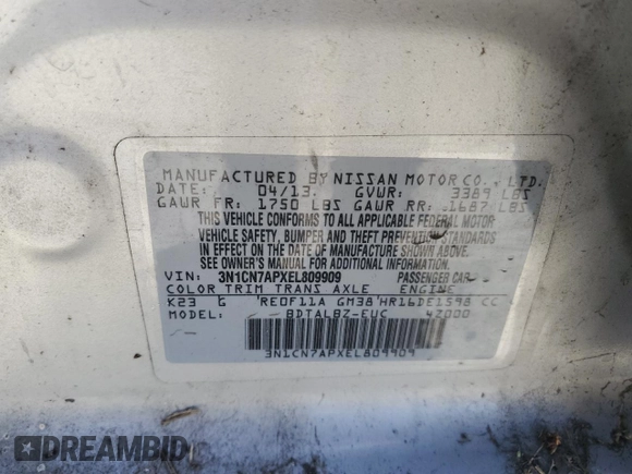 2014 Nissan Versa SV with VIN 3N1CN7APXEL809909, listed as a Copart auction lot 57440485 with 64,187 mi miles and Clean Title. Bid and sale history available at DreamBid. Image 12.