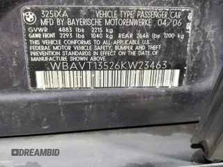 2006 BMW 3 Series 325xi z VIN WBAVT13526KW23463, wystawiony jako Copart lot #58505625 z przebiegiem 151 379 mil mil oraz Szkoda całkowita • Salvage title. Historia ofert i sprzedaży dostępna na DreamBid. Obrazek 13.