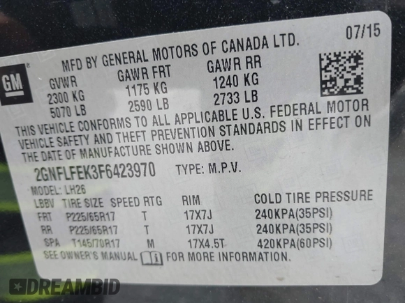 2015 Chevrolet Equinox LT z VIN 2GNFLFEK3F6423970, wystawiony jako IAAI lot #42189959 z przebiegiem 112 992 mil mil oraz . Historia ofert i sprzedaży dostępna na DreamBid. Obrazek 9.