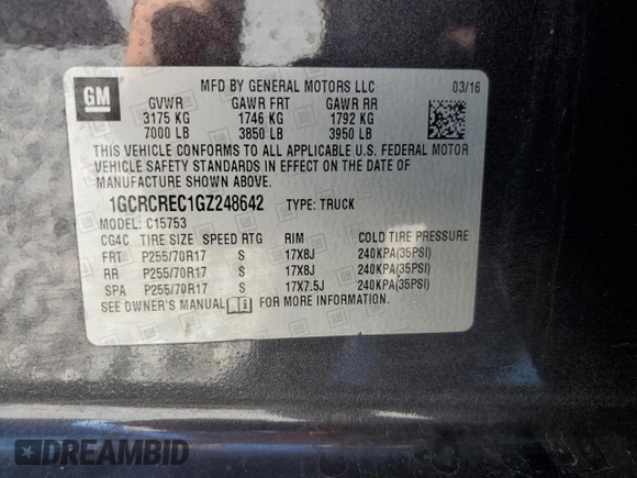 2016 Chevrolet Silverado 1500 LT with VIN 1GCRCREC1GZ248642, listed as a Copart auction lot 53349125 with 147,526 mi miles and Salvage Title. Bid and sale history available at DreamBid. Image 13.