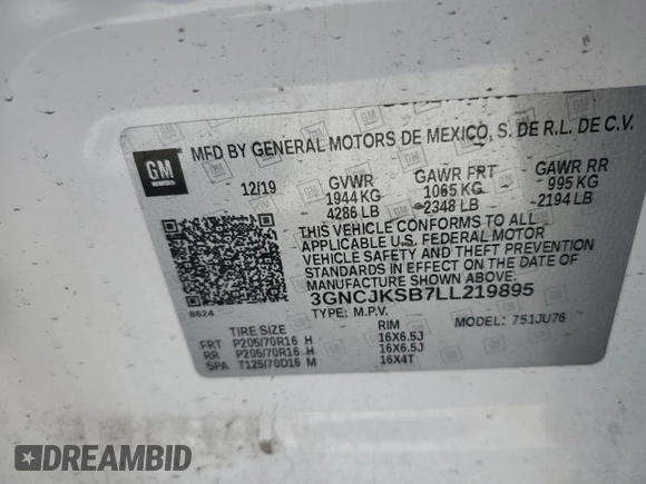 2020 Chevrolet Trax LS with VIN 3GNCJKSB7LL219895, listed as a Copart auction lot 57639035 with 81,063 mi miles and Salvage title. Bid and sale history available at DreamBid. Image 13.