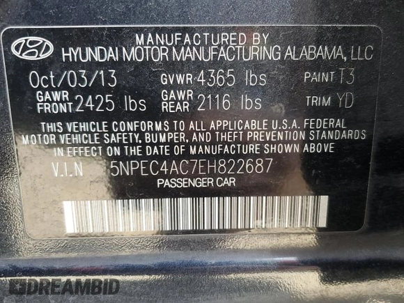 2014 Hyundai Sonata SE with VIN 5NPEC4AC7EH822687, listed as a Copart auction lot 51841415 with 200,427 mi miles and Salvage Title. Bid and sale history available at DreamBid. Image 12.