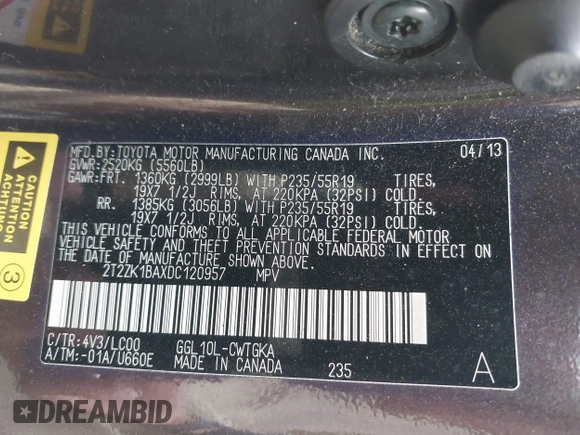 2013 Lexus RX 350 с VIN 2T2ZK1BAXDC120957, выставлен на аукционе IAAI как лот 41941047 с пробегом 190 218 миль миль и . История ставок и продаж доступна на DreamBid. Изображение 9.