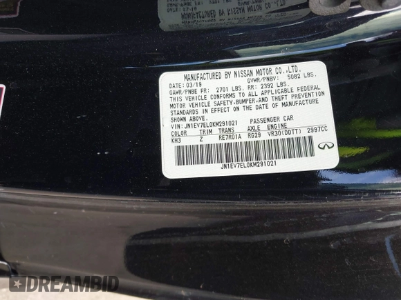 2019 Infiniti Q60 Luxe with VIN JN1EV7EL0KM291021, listed as a IAAI auction lot 41589716 with 59,235 mi miles and . Bid and sale history available at DreamBid. Image 9.