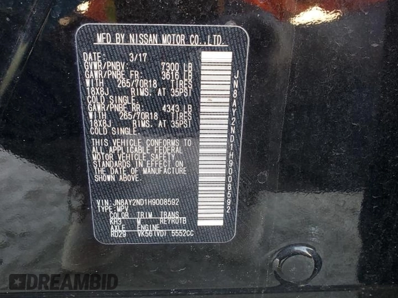 2017 Nissan Armada SL with VIN JN8AY2ND1H9008592, listed as a Copart auction lot 54861375 with 112,403 mi miles and Clean Title. Bid and sale history available at carsss.com. Image 13.