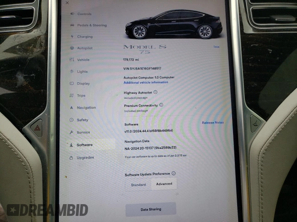 2016 Tesla Model S 70 with VIN 5YJSA1E16GF148517, listed as a Copart auction lot 52163195 with 179,172 mi miles and Salvage title. Bid and sale history available at DreamBid. Image 9.