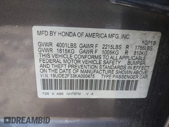 2019 Acura ILX with VIN 19UDE2F33KA000475, listed as a IAAI auction lot 41680296 with 67,053 mi miles. Bid and sale history available at carsss.com. Image 9.