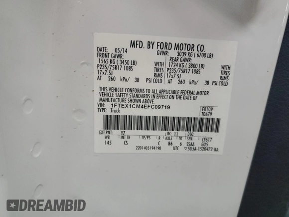 2014 Ford F-150 XL с VIN 1FTEX1CM4EFC09719, выставлен на аукционе Copart как лот 57261365 с пробегом 160 046 миль миль и Чистый • Clean title. История ставок и продаж доступна на DreamBid. Изображение 12.