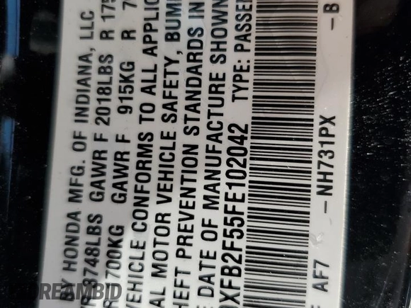 2015 Honda Civic LX z VIN 19XFB2F55FE102042, wystawiony jako Copart lot #56213075 z przebiegiem 98 324 mil mil oraz Szkoda całkowita • Salvage title. Historia ofert i sprzedaży dostępna na DreamBid. Obrazek 12.