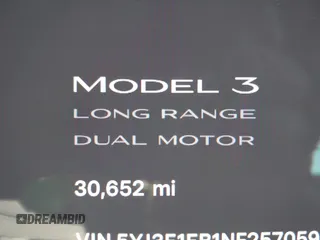 2022 Tesla Model 3 Long Range with VIN 5YJ3E1EB1NF257059, listed as a IAAI auction lot 41329318 with 30,652 mi miles and . Bid and sale history available at DreamBid. Image 15.