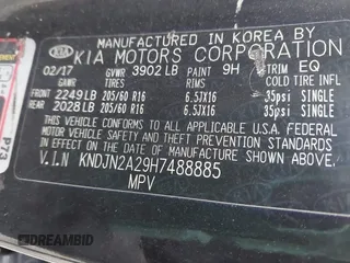 2017 Kia Soul with VIN KNDJN2A29H7488885, listed as a IAAI auction lot 41825703 with 1 mi miles. Bid and sale history available at carsss.com. Image 9.
