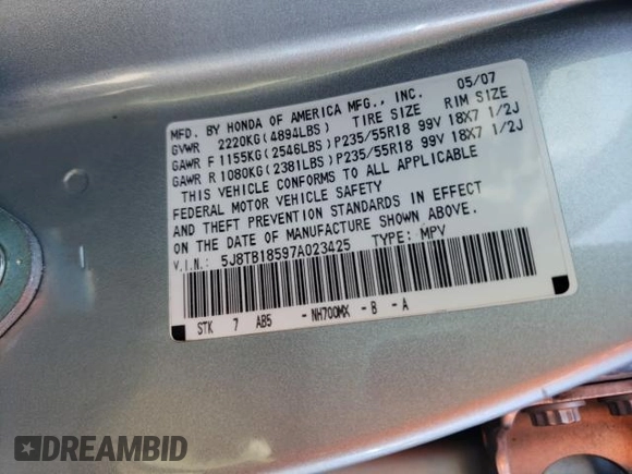 2007 Acura RDX Tech Pkg with VIN 5J8TB18597A023425, listed as a Copart auction lot 37296191 with 173,103 mi miles and Salvage Title. Bid and sale history available at carsss.com. Image 10.