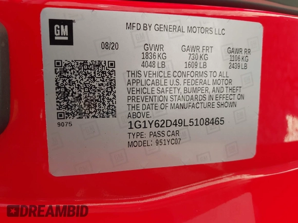 2020 Chevrolet Corvette 1LT with VIN 1G1Y62D49L5108465, listed as a IAAI auction lot 41770960 with 35,991 mi miles. Bid and sale history available at carsss.com. Image 9.