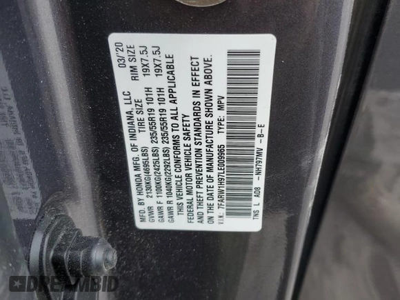 2020 Honda CR-V Touring z VIN 7FARW1H97LE009965, wystawiony jako Copart lot #55317275 z przebiegiem 47 369 mil mil oraz Szkoda całkowita • Salvage title. Historia ofert i sprzedaży dostępna na DreamBid. Obrazek 14.