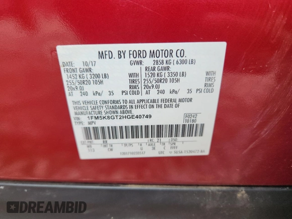 2017 Ford Explorer Sport z VIN 1FM5K8GT2HGE40749, wystawiony jako Copart lot #64775305 z przebiegiem 137 533 mil mil oraz Szkoda całkowita • Salvage title. Historia ofert i sprzedaży dostępna na DreamBid. Obrazek 13.