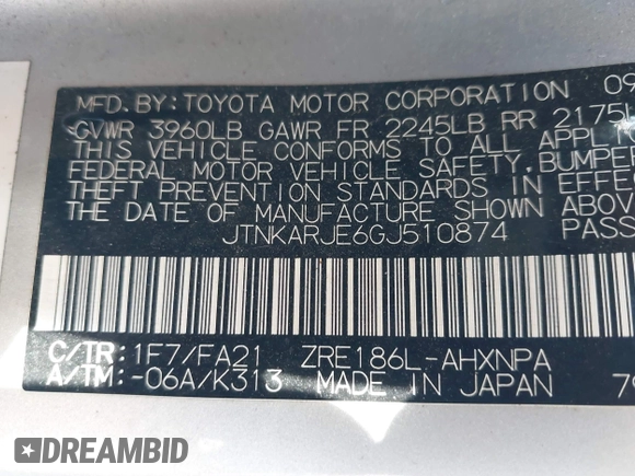2016 Scion iM with VIN JTNKARJE6GJ510874, listed as a IAAI auction lot 41775719 with 1 mi miles. Bid and sale history available at carsss.com. Image 9.