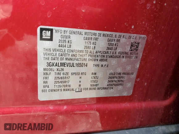 2018 GMC Terrain SLE with VIN 3GKALMEV0JL165014, listed as a Copart auction lot 51805525 with 73,020 mi miles and Salvage Title. Bid and sale history available at DreamBid. Image 14.