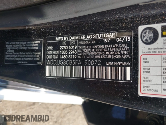 2015 Mercedes-Benz S-Class S 550 with VIN WDDUG8CB5FA190072, listed as a IAAI auction lot 40954549 with 94,609 mi miles. Bid and sale history available at carsss.com. Image 9.