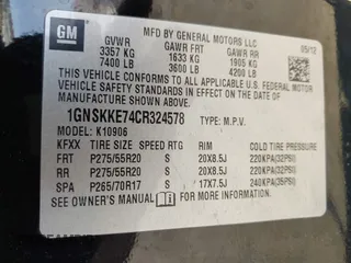 2012 Chevrolet Suburban LTZ with VIN 1GNSKKE74CR324578, listed as a IAAI auction lot 42129334 with 182,655 mi miles. Bid and sale history available at carsss.com. Image 9.