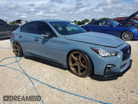 2021 Infiniti Q50 Red Sport 400 with VIN JN1FV7DP2MM850371, listed as a Copart auction lot 73762964 with 49,874 mi miles and Salvage Title. Bid and sale history available at DreamBid. Image 4.