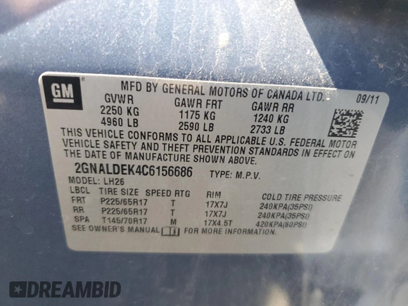 2012 Chevrolet Equinox 1LT z VIN 2GNALDEK4C6156686, wystawiony jako Copart lot #56020775 z przebiegiem 150 326 mil mil oraz Szkody całkowita. Historia ofert i sprzedaży dostępna na DreamBid. Obrazek 14.