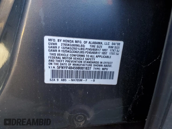 2009 Honda Pilot EX with VIN 5FNYF48459B001837, listed as a Copart auction lot 42223455 with Not Provided miles and Salvage Title. Bid and sale history available at carsss.com. Image 14.