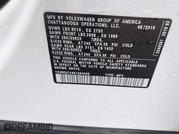 2019 Volkswagen Atlas SEL R-Line with VIN 1V2RR2CA6KC594588, listed as a IAAI auction lot 41686713 with 125,180 mi miles and . Bid and sale history available at DreamBid. Image 9.