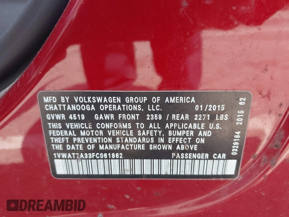 2015 Volkswagen Passat Wolfsburg Edition with VIN 1VWAT7A33FC061862, listed as a IAAI auction lot 42605981 with 179,456 mi miles and . Bid and sale history available at DreamBid. Image 9.
