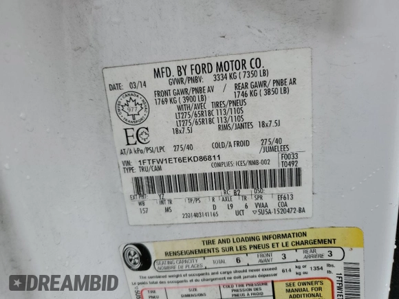 2014 Ford F-150 XL with VIN 1FTFW1ET6EKD86811, listed as a Copart auction lot 47065005 with 116,619 mi miles and Salvage Title. Bid and sale history available at carsss.com. Image 12.