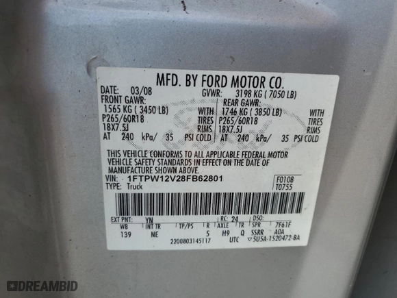 2008 Ford F-150 XLT with VIN 1FTPW12V28FB62801, listed as a Copart auction lot 79872024 with 245,826 mi miles and Salvage Title. Bid and sale history available at carsss.com. Image 12.