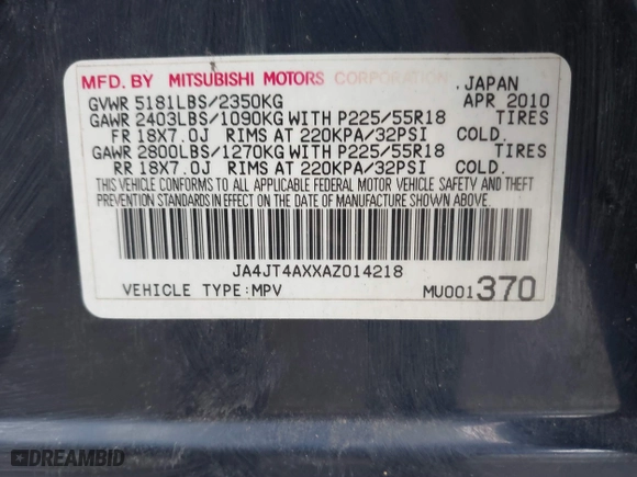 2010 Mitsubishi Outlander XLS with VIN JA4JT4AXXAZ014218, listed as a IAAI auction lot 41443983 with 177,494 mi miles. Bid and sale history available at carsss.com. Image 9.