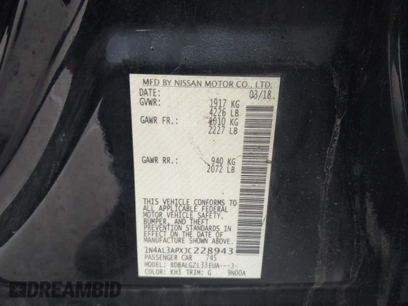2018 Nissan Altima 2.5 SR with VIN 1N4AL3APXJC228943, listed as a IAAI auction lot 41629733 with 150,725 mi miles. Bid and sale history available at carsss.com. Image 9.