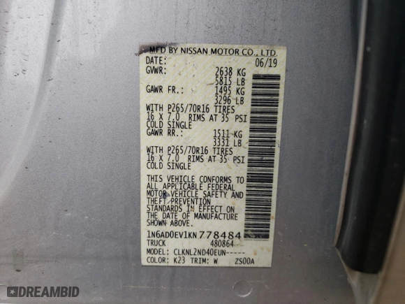 2019 Nissan Frontier SV with VIN 1N6AD0EV1KN778484, listed as a Copart auction lot 51203815 with 53,399 mi miles and Salvage Title. Bid and sale history available at carsss.com. Image 13.