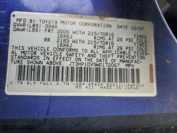 1998 Toyota RAV4 with VIN JT3HP10V5W0172067, listed as a Copart auction lot 84850544 with 316,659 mi miles and Salvage Title. Bid and sale history available at carsss.com. Image 12.