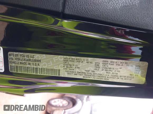 2021 Jeep Gladiator Freedom z VIN 1C6HJTAG4ML586999, wystawiony jako IAAI lot #41911751 z przebiegiem 81 030 mil mil oraz . Historia ofert i sprzedaży dostępna na DreamBid. Obrazek 9.