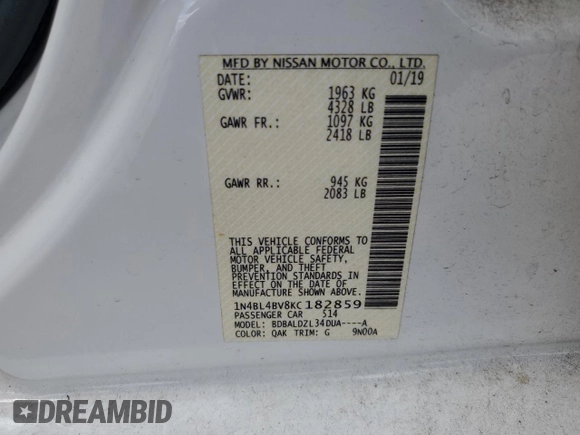 2019 Nissan Altima S z VIN 1N4BL4BV8KC182859, wystawiony jako Copart lot #51076535 z przebiegiem 135 121 mil mil oraz Szkoda całkowita • Salvage title. Historia ofert i sprzedaży dostępna na DreamBid. Obrazek 15.