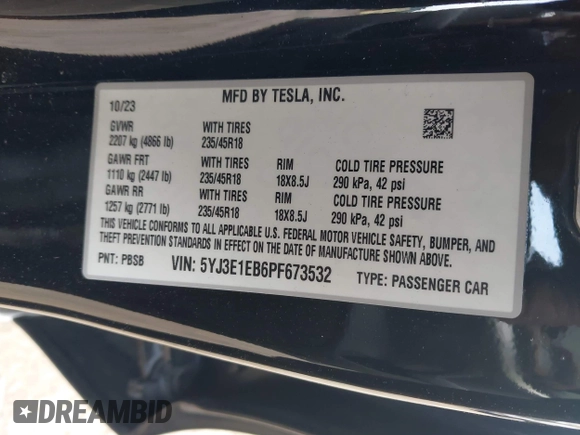 2023 Tesla Model 3 Long Range with VIN 5YJ3E1EB6PF673532, listed as a IAAI auction lot 41885716 with 39,690 mi miles and . Bid and sale history available at DreamBid. Image 9.