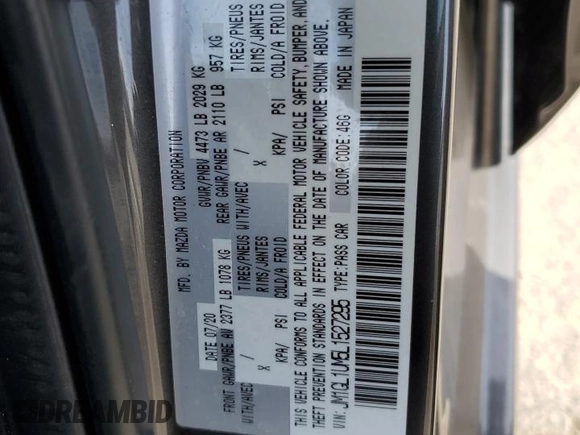 2020 Mazda 6 Sport with VIN JM1GL1UM5L1527295, listed as a Copart auction lot 50151085 with 29,246 mi miles and Salvage Title. Bid and sale history available at DreamBid. Image 14.