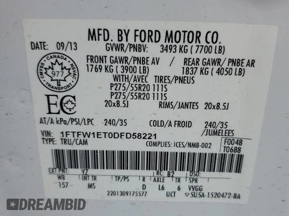 2013 Ford F-150 XL with VIN 1FTFW1ET0DFD58221, listed as a Copart auction lot 58788015 with 251,650 mi miles and Clean title. Bid and sale history available at DreamBid. Image 12.