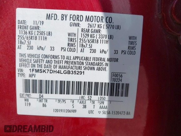 2020 Ford Explorer XLT with VIN 1FMSK7DH4LGB35291, listed as a IAAI auction lot 42065650 with 145,170 mi miles and . Bid and sale history available at DreamBid. Image 9.