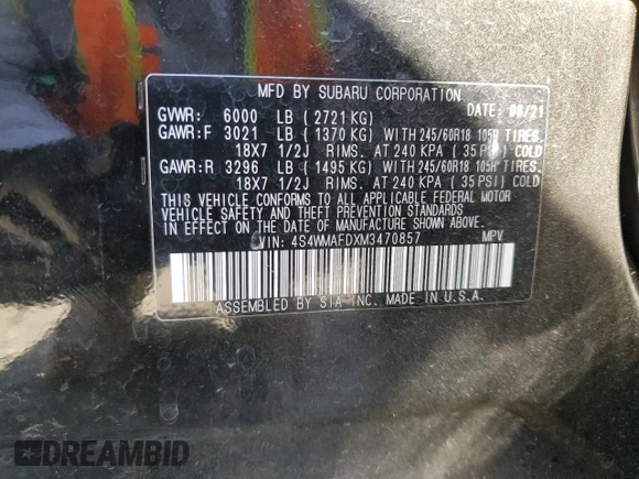 2021 Subaru Ascent Premium with VIN 4S4WMAFDXM3470857, listed as a Copart auction lot 47126815 with 74,584 mi miles and Salvage Title. Bid and sale history available at carsss.com. Image 13.