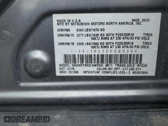 2013 Mitsubishi Outlander Sport SE z VIN 4A4AJ3AU3DE606284, wystawiony jako Copart lot #56470105 z przebiegiem 178 506 mil mil oraz Szkoda całkowita • Salvage title. Historia ofert i sprzedaży dostępna na DreamBid. Obrazek 14.