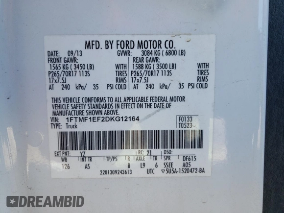 2013 Ford F-150 XL with VIN 1FTMF1EF2DKG12164, listed as a Copart auction lot 87856095 with 188,531 mi miles and Clean Title. Bid and sale history available at DreamBid. Image 12.