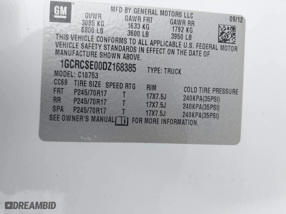2013 Chevrolet Silverado 1500 LT with VIN 1GCRCSE00DZ168385, listed as a IAAI auction lot 41417162 with 162,426 mi miles. Bid and sale history available at carsss.com. Image 9.