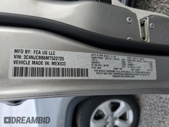 2021 Jeep Compass Latitude with VIN 3C4NJCBB6MT522725, listed as a Copart auction lot 52069125 with 54,008 mi miles and Salvage title. Bid and sale history available at DreamBid. Image 13.