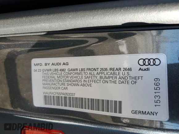 2023 Audi A5 Sportback S line Premium Plus with VIN WAUFACF55PA053337, listed as a Copart auction lot 43801904 with 1,867 mi miles. Bid and sale history available at carsss.com. Image 15.