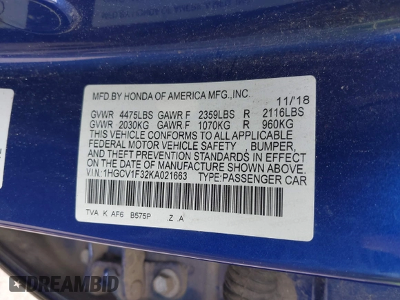 2019 Honda Accord Sport with VIN 1HGCV1F32KA021663, listed as a IAAI auction lot 42562408 with 145,197 mi miles and . Bid and sale history available at DreamBid. Image 9.